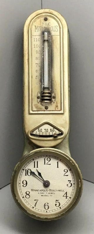 Antique Vintage 1918 Minneapolis Thermostat & Honeywell 8 Day Clock Model 77