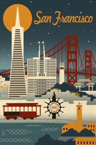 San Francisco - Lantern Press Art Print Vintage Travel Golden Gate Bridge Poster