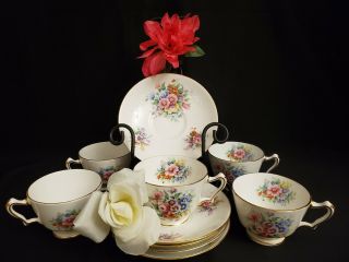 Vtg Crown Staffordshire Fine Bone China Tea Cup Saucer Floral England (set Of 5)