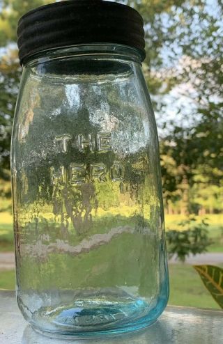 Vintage The Hero Fruit Jar Light Aqua Quart