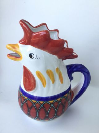 Vintage Deruta Art Pottery Pitcher Hand Painted Rooster Italy Chicken Bird 3