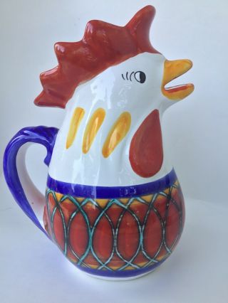 Vintage Deruta Art Pottery Pitcher Hand Painted Rooster Italy Chicken Bird 6