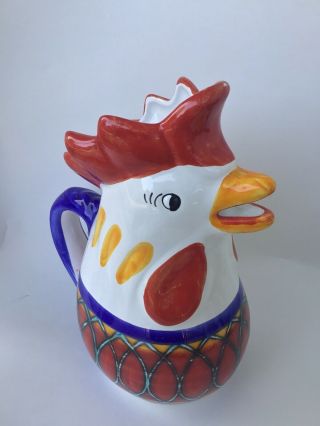 Vintage Deruta Art Pottery Pitcher Hand Painted Rooster Italy Chicken Bird 7