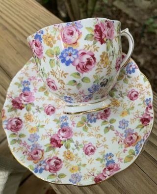 Royal Albert Vintage Pink Roses Blue And Yellow Flowers Teacup Saucer Combo