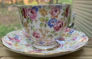 Royal Albert Vintage Pink Roses Blue And Yellow Flowers Teacup Saucer Combo 2