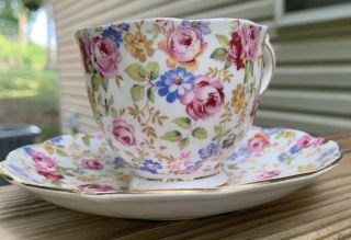 Royal Albert Vintage Pink Roses Blue And Yellow Flowers Teacup Saucer Combo 3