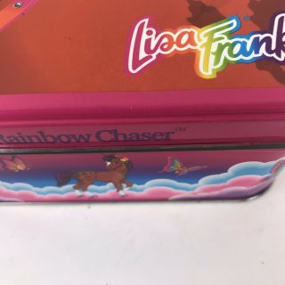 LISA FRANK Vtg Metal Rainbow Chaser Pony Tin Storage Box Empty Tin w/ Lid 5x7 2