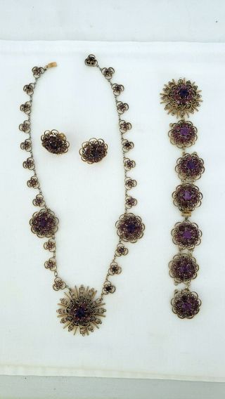 Vintage Jay Kel Sterling Silver Necklace Bracelet And Matching Earrings W/purple