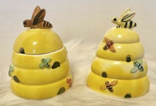 Enesco Japan Beehive Napkin Holder And Sugar Bowl Honey Pot Rare Yellow Vintage