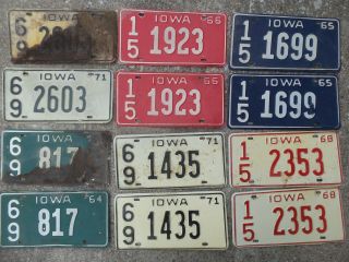 Group Of 12 Vintage Iowa License Plates 1964 1965 1966 1968 1971 Matched Pairs