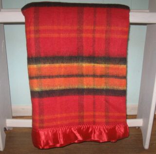 Vintage Red Orange Black Yellow Plaid Twin Blanket Wool Blend 64 " X 88 "