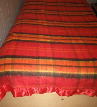 Vintage Red Orange Black Yellow Plaid Twin Blanket Wool Blend 64 