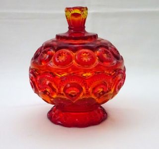 Vintage L.  E.  Smith Moon & Stars Amberina Red Orange Glass Candy Dish Bowl W/ Lid