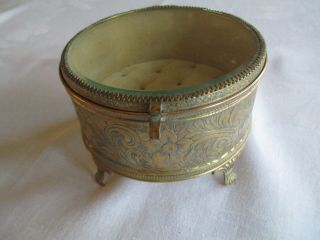 Vintage Brass Round Footed Jewelry Trinket Box Casket Beveled Glass Hinged Lid