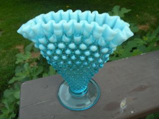 Vintage Fenton Blue Opalescent Hobnail Fan Vase 6 Inches Tall