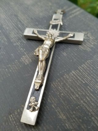 Antique Vtg Pectoral Crucifix - Metal & Inlaid Ebony Wood - Skull & Cross Bones