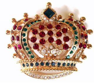 Vintage Designer Kjl Multi - Color Jeweled Crown Brooch / Pin -
