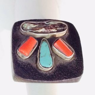 Vintage Mid Century Modern Wood Silver Turquoise Pearl Coral Ring Size 6 3/4