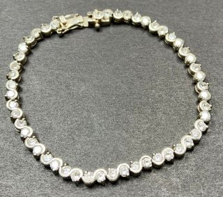 Vintage Signed 925 Silver Bracelet 7.  5” Long Clear Faceted Clear Rhinestones