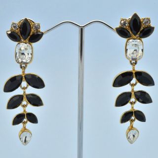 Vintage Earrings Monet 1970s Clear Crystal Black Glass Goldtone Drops Jewellery