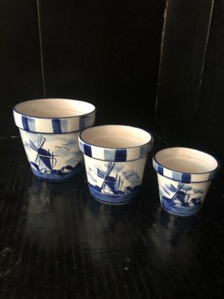 Set Of 3 Vintage Elesva Holland Delft Blue And White Planters Pots Porcelain