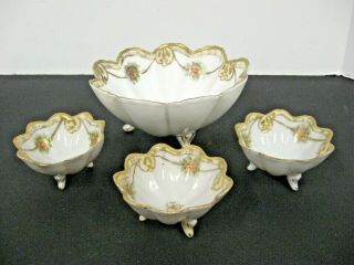 Vintage Antique Nippon Hand - Painted Footed Porcelain 6 " Dish Berry Bowl Set