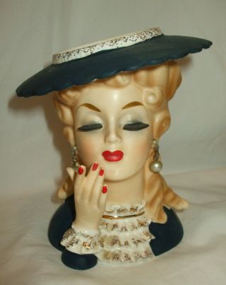 Vtg Japan C6016 Lady Head Vase Hat Hand Pearls Ruffled Top Curls Gold Accents