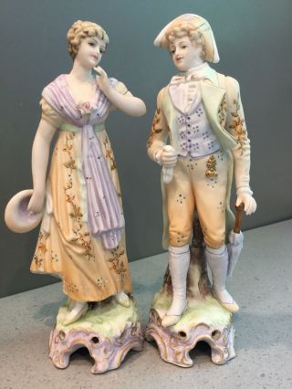 Pair Antique Vtg Kalk German Porcelain Bisque Victorian Figurines 7 1/4 "