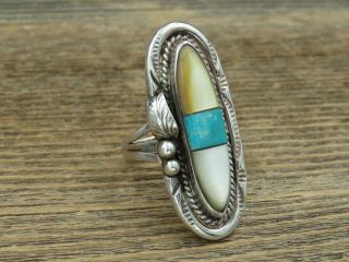 Vtg Navajo Signed Rp Sterling Turquoise Mother Of Pearl Inlay Long Ring Sz 6.  75