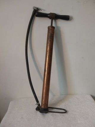 Vintage Copper Bicycle Pump With Wooden Handle