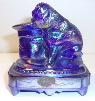 Vintage Joe St.  Clair Blue Carnival Glass Dog with top hat 3