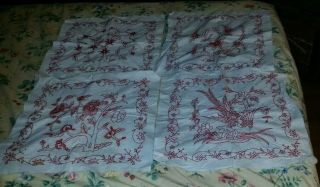 4 Vintage 14 X 14 In Hand Stitch Redwork Squares Flowers And Bird Of Paradise
