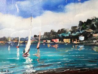 Vintage Signed Oil Painting Italian Coast Ocean & Sailboats 14” Unframed