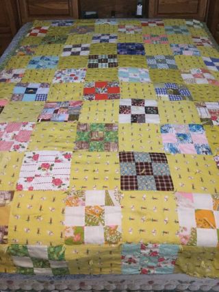 Vintage Handmade Nine Patch Quilt Hand Tied Twin 58x85