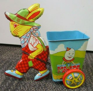 Vintage Tin Litho J.  Chein & Co Bunny Rabbit Pulling A Cart