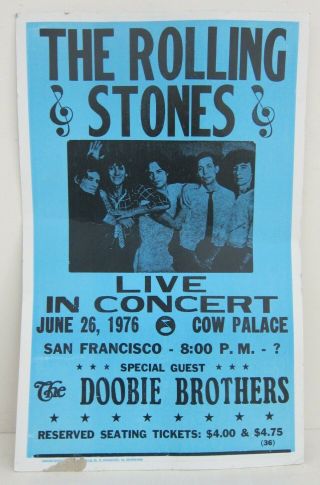 The Rolling Stones & Doobie Brothers Vtg 1976 Silk Screen Concert Poster 14x22