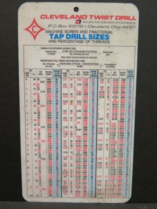 Vintage Cleveland Twist Drill Company Tap Drill Chart Advertising Plastic Sign