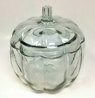 Vintage Anchor Hocking Clear Glass Pumpkin Shaped Candy/cookie Jar W/lid
