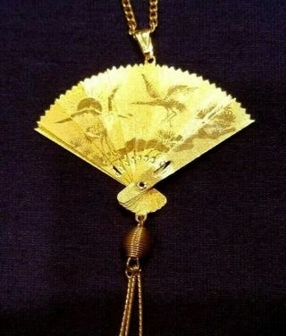Vintage Gold Asian Fan Pendant Charm Necklace Collapsible Articulated