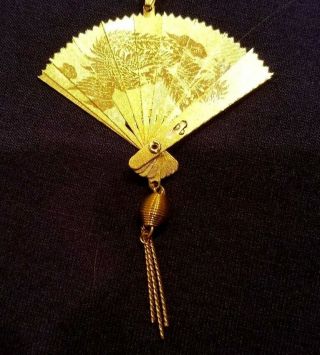 Vintage Gold Asian Fan Pendant Charm Necklace Collapsible Articulated 4