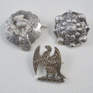 Three Small Antique Or Vintage Silver Brooches,  Thistle Shield Eagle,  13.  7g