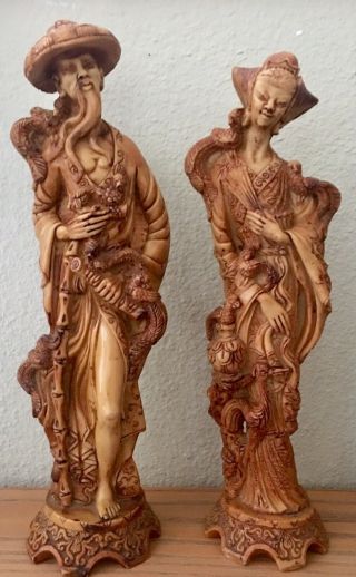 Vintage Asian Oriental Chinese Man And Woman Resin Statues 15” Tall Birds