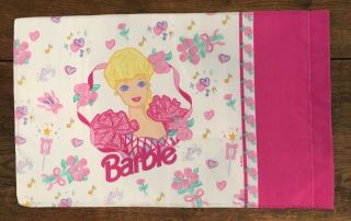 Vintage 1995 Blonde Barbie Pillowcase Hearts Flowers Mattel Inc.  Pink White