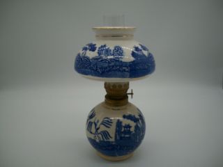 Vintage Miniature Oil Lamp Blue Willow Pattern Japanese Porcelain 8 "