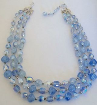 Trifari Vintage Necklace Baby Blue & Aurora Borealis Art Glass Beads