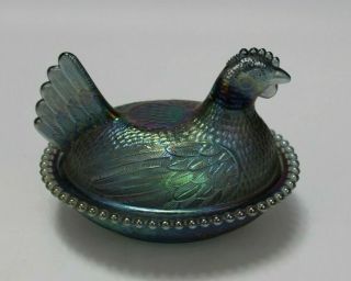 Vtg Iridescent Blue Carnival Glass Hen Chicken On A Nest Covered Dish - Indiana?