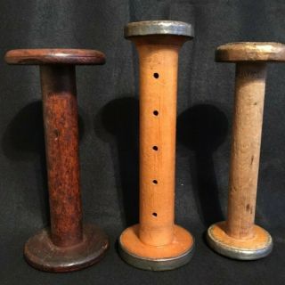 3 Vintage Wood Thread Spools Industrial Textile Wooden Bobbins