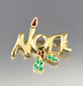 Vintage 70’s Red Green Enamel Christmas Noel Holly Pin Brooch