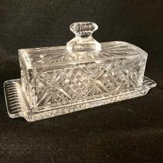 Vintage Crystal Starburst Press Cut Glass Covered Butter Dish W/finial Style Lid