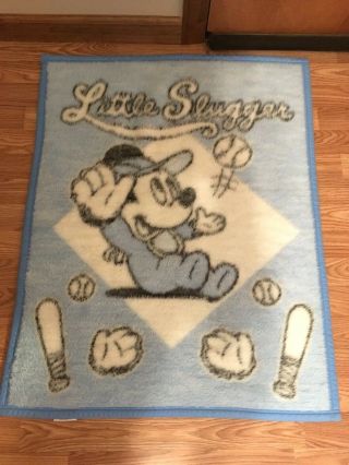 Vintage Disney Mickey Mouse Baby Blanket Boys Blue Little Slugger Crib Blanket